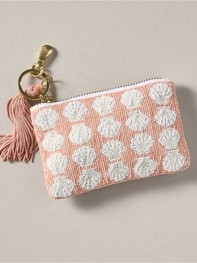 🐚✨ NWT Anthropologie Fiona Beaded Coin Purse Pink Shell Keychain Tassel 🎀